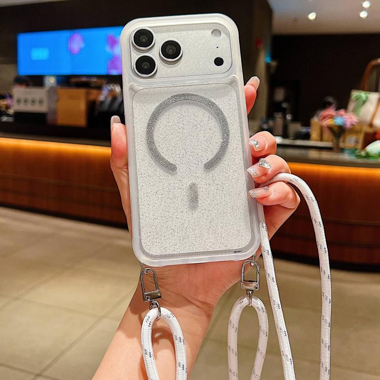 For iPhone 17 Pro Gradient Transparent Glitter Magnetic Phone Case with Long Lanyard(White)