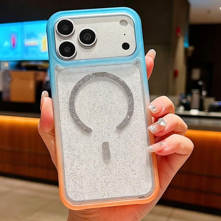 For iPhone 17 Pro Gradient Transparent Glitter Magnetic Phone Case(Blue Orange)