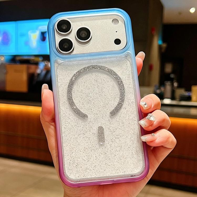 For iPhone 17 Pro Gradient Transparent Glitter Magnetic Phone Case(Blue Purple)