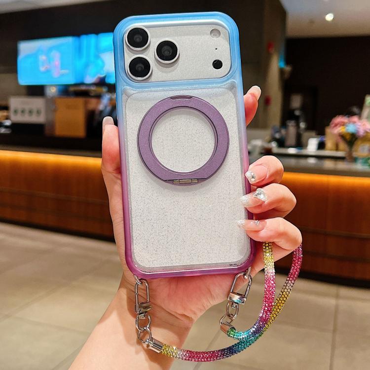 For iPhone 17 Pro Gradient Transparent Glitter Rotating Magnetic Holder Phone Case with Wrist Strap(Blue Purple)