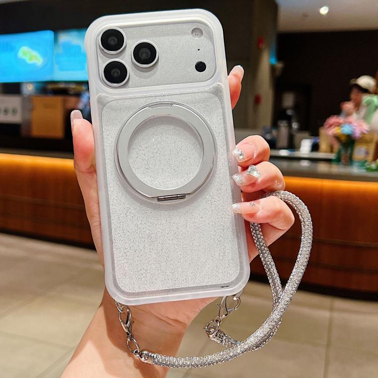 For iPhone 17 Pro Gradient Transparent Glitter Rotating Magnetic Holder Phone Case with Wrist Strap(White)