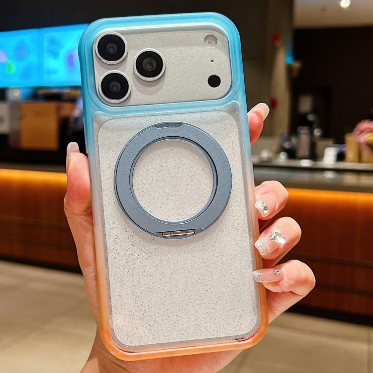 For iPhone 17 Pro Gradient Transparent Glitter Rotating Magnetic Holder Phone Case(Blue Orange)