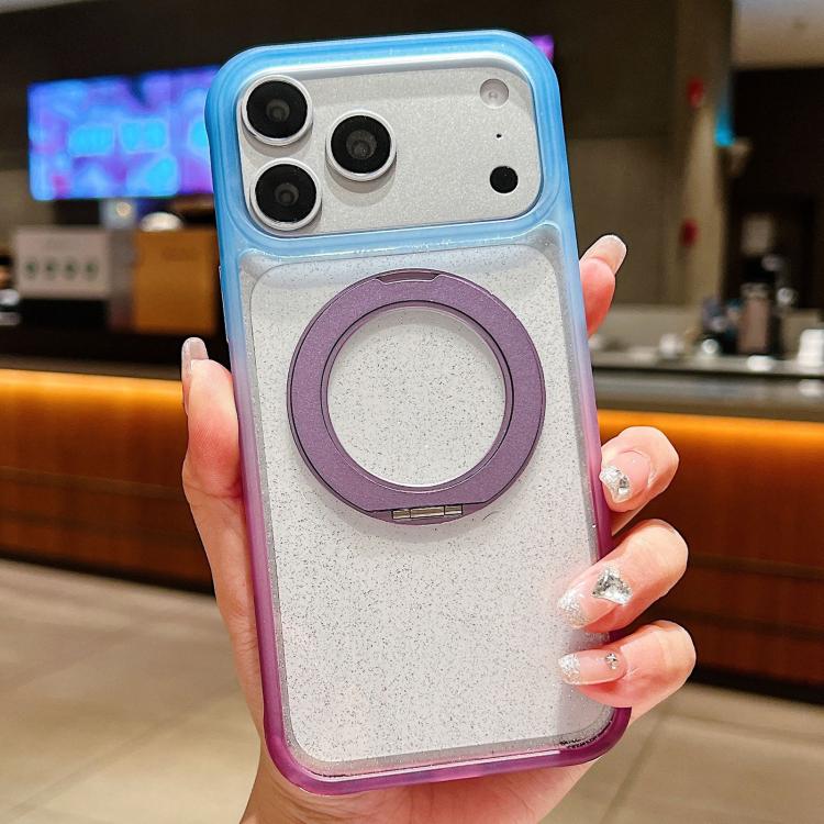 For iPhone 17 Pro Gradient Transparent Glitter Rotating Magnetic Holder Phone Case(Blue Purple)