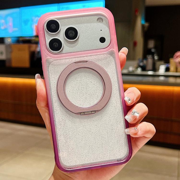 For iPhone 17 Pro Gradient Transparent Glitter Rotating Magnetic Holder Phone Case(Pink Purple)