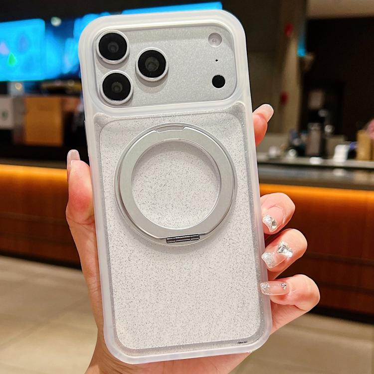 For iPhone 17 Pro Gradient Transparent Glitter Rotating Magnetic Holder Phone Case(White)