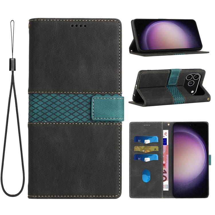For iPhone 17 Pro Grid Stitching Leather Phone Case with Lanyard(Black)