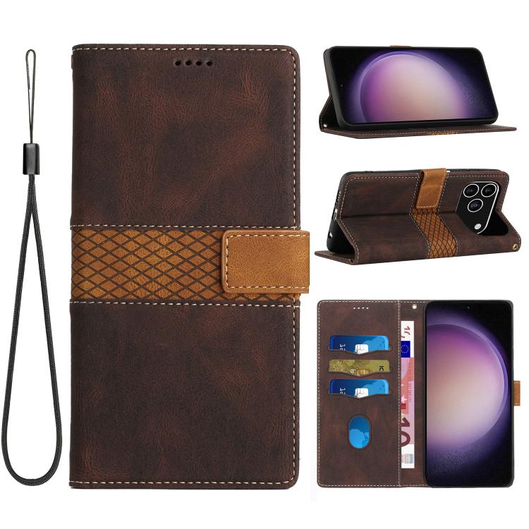 For iPhone 17 Pro Grid Stitching Leather Phone Case with Lanyard(Brown)
