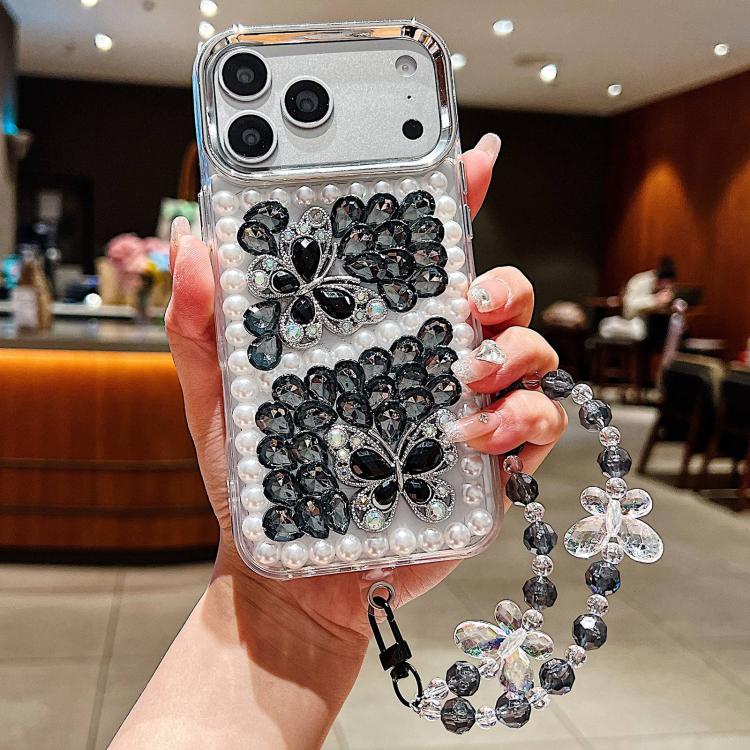 For iPhone 17 Pro Handmade Pearl Dual Butterfly Rhinestone Acrylic Phone Case with Wrist Chain(Black)