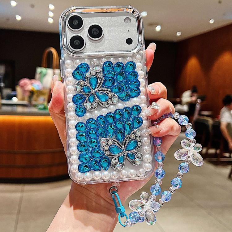For iPhone 17 Pro Handmade Pearl Dual Butterfly Rhinestone Acrylic Phone Case with Wrist Chain(Blue)
