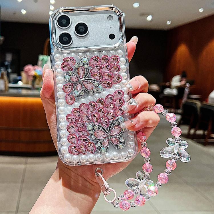 For iPhone 17 Pro Handmade Pearl Dual Butterfly Rhinestone Acrylic Phone Case with Wrist Chain(Pink)