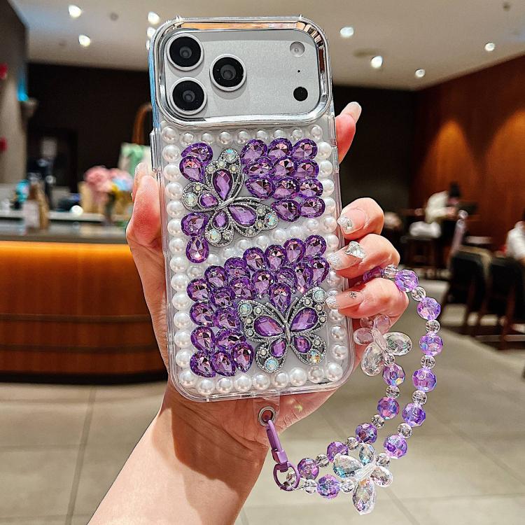 For iPhone 17 Pro Handmade Pearl Dual Butterfly Rhinestone Acrylic Phone Case with Wrist Chain(Purple)
