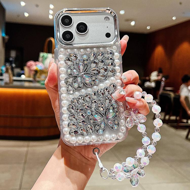 For iPhone 17 Pro Handmade Pearl Dual Butterfly Rhinestone Acrylic Phone Case with Wrist Chain(Silver)