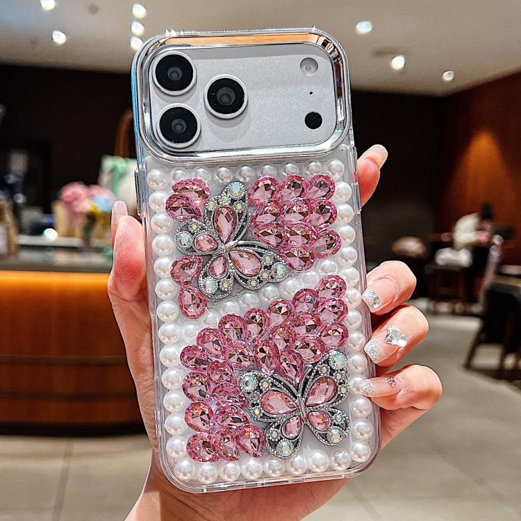 For iPhone 17 Pro Handmade Pearl Dual Butterfly Rhinestone Acrylic Phone Case(Pink)