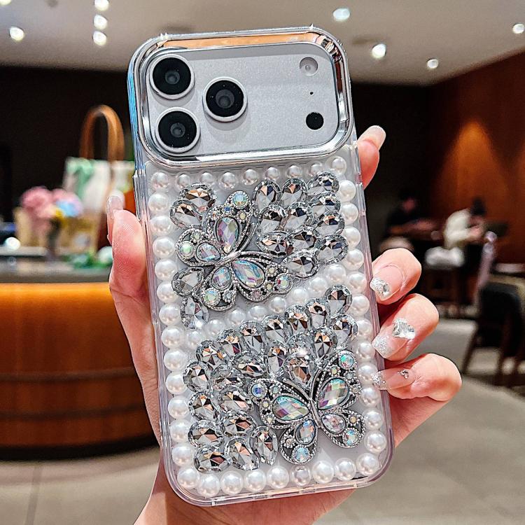 For iPhone 17 Pro Handmade Pearl Dual Butterfly Rhinestone Acrylic Phone Case(Silver)