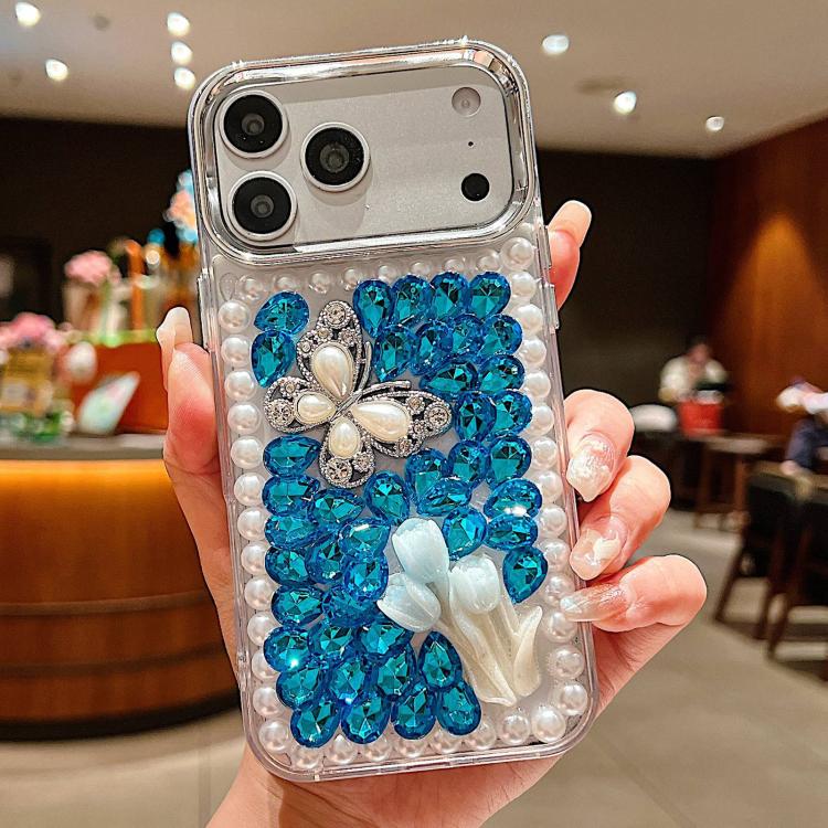 For iPhone 17 Pro Handmade Pearl Rhinestone Butterfly Acrylic Phone Case(Blue)