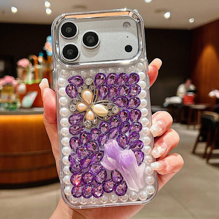 For iPhone 17 Pro Handmade Pearl Rhinestone Butterfly Acrylic Phone Case(Purple)