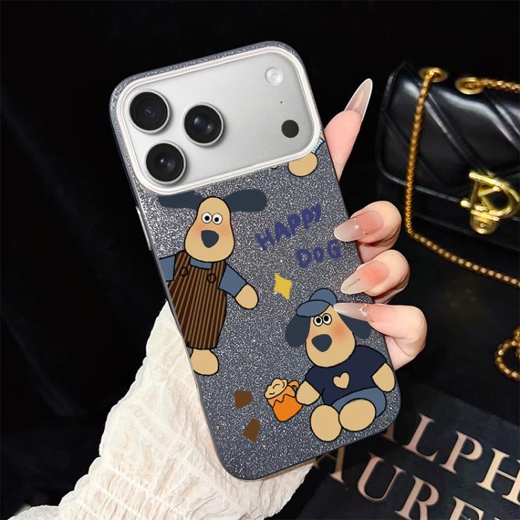 For iPhone 17 Pro Happy Dog Pattern IMD Glitter PC Hybrid TPU Phone Case(Black)