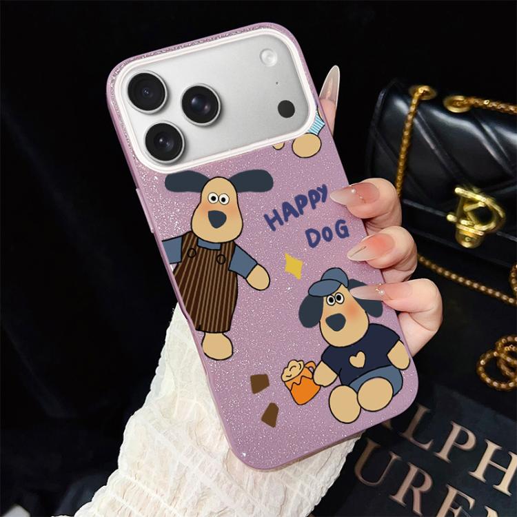For iPhone 17 Pro Happy Dog Pattern IMD Glitter PC Hybrid TPU Phone Case(Purple)