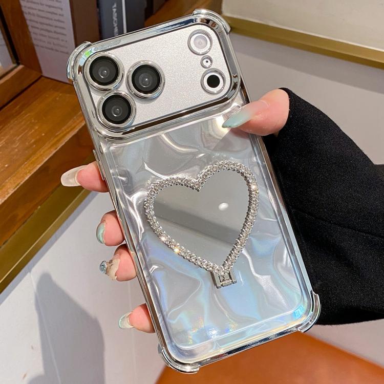 For iPhone 17 Pro Heart-shaped Mirror Electroplated TPU + Acrylic Phone Case with Holder(Silver)
