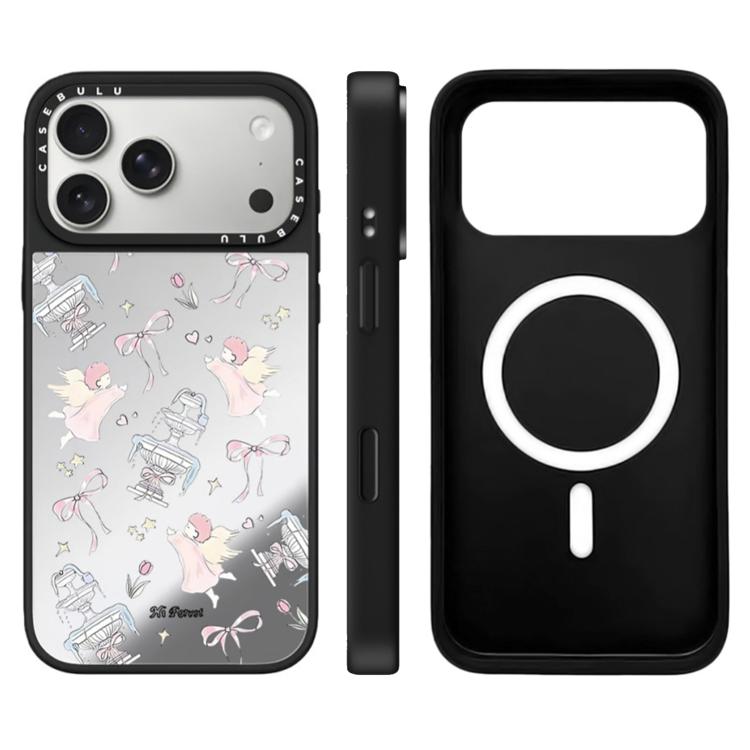 For iPhone 17 Pro Hi Forest Series Pattern Camera Control Button Mirror Magnetic Phone Case(Angel Bow Silver)