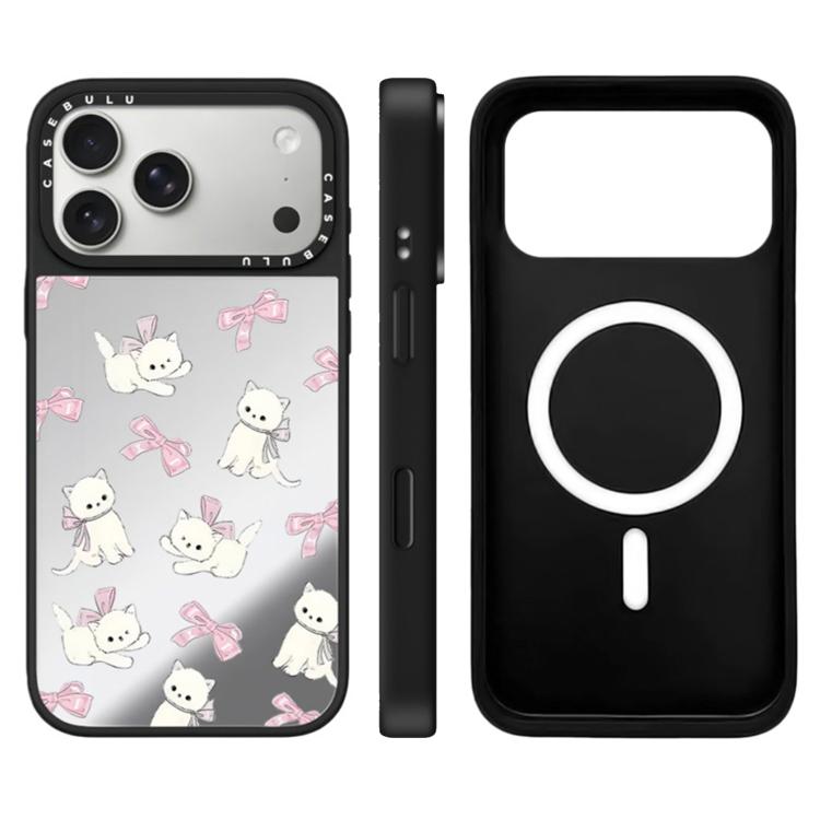For iPhone 17 Pro Hi Forest Series Pattern Camera Control Button Mirror Magnetic Phone Case(Bow-adorned Cats)