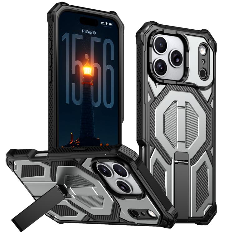 For iPhone 17 Pro Hidden Metal Holder Magnetic Shockproof Phone Case(Grey)