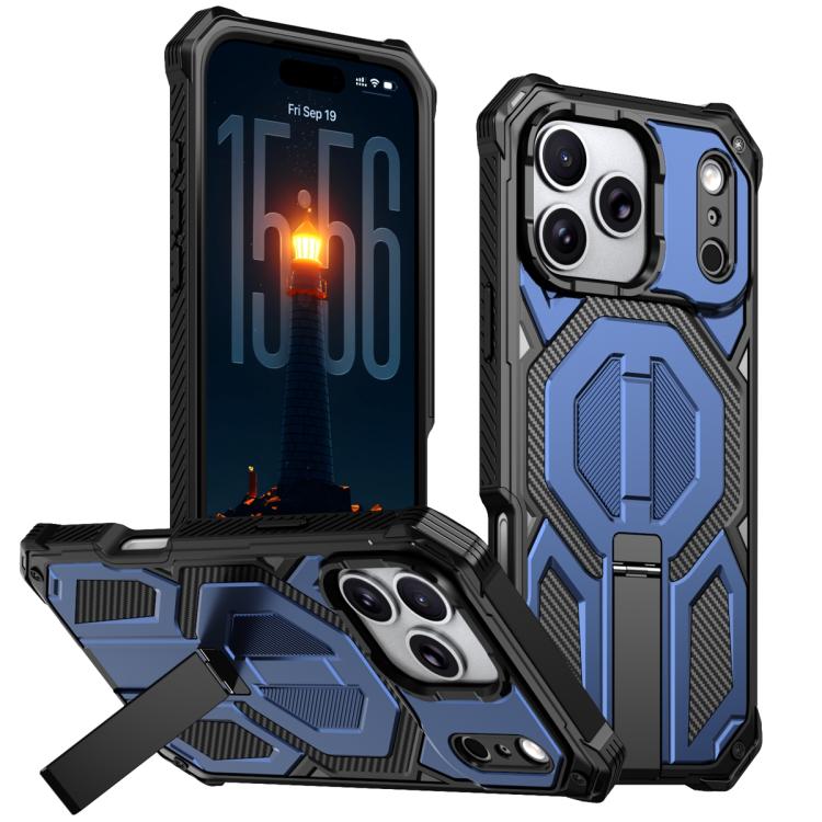 For iPhone 17 Pro Hidden Metal Holder Magnetic Shockproof Phone Case(Navy Blue)