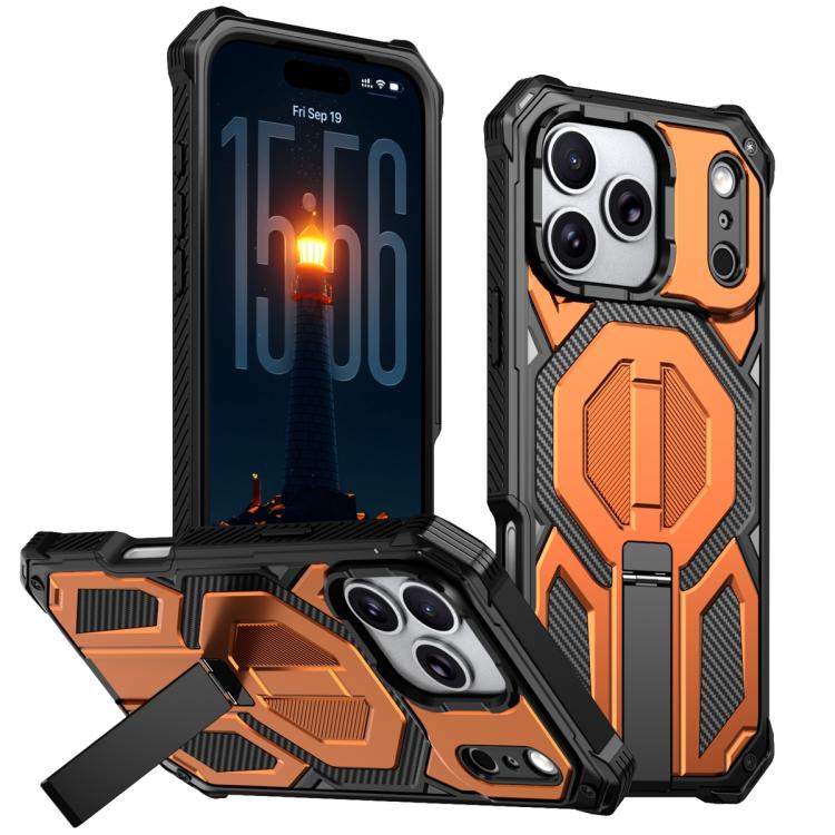 For iPhone 17 Pro Hidden Metal Holder Magnetic Shockproof Phone Case(Orange)