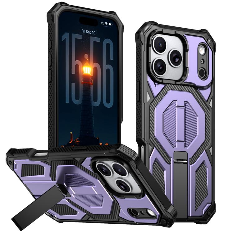For iPhone 17 Pro Hidden Metal Holder Magnetic Shockproof Phone Case(Purple)