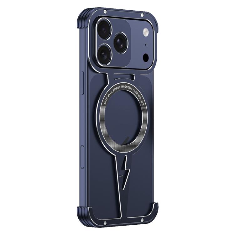 For iPhone 17 Pro Hollow Borderless Magnetic MagSafe Aluminum Alloy Phone Case(Blue Silver)