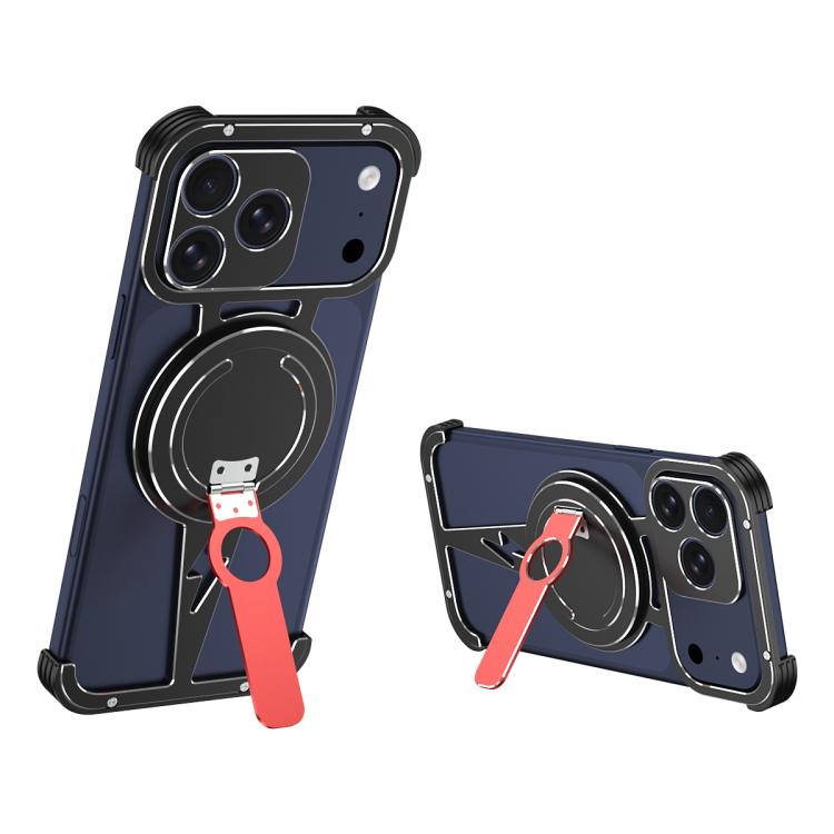 For iPhone 17 Pro Hollow Borderless MagSafe Aluminum Alloy Phone Case with Detachable Rotation Holder(Black Silver)