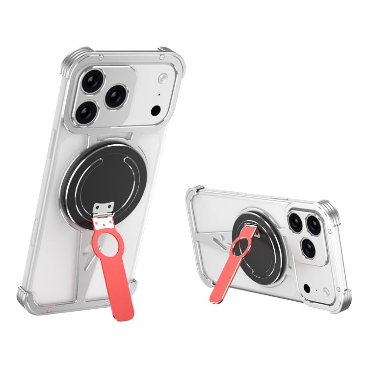 For iPhone 17 Pro Hollow Borderless MagSafe Aluminum Alloy Phone Case with Detachable Rotation Holder(Silver)
