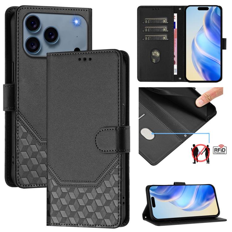 For iPhone 17 Pro Honeycomb Embossing RFID Leather Phone Case(Black)