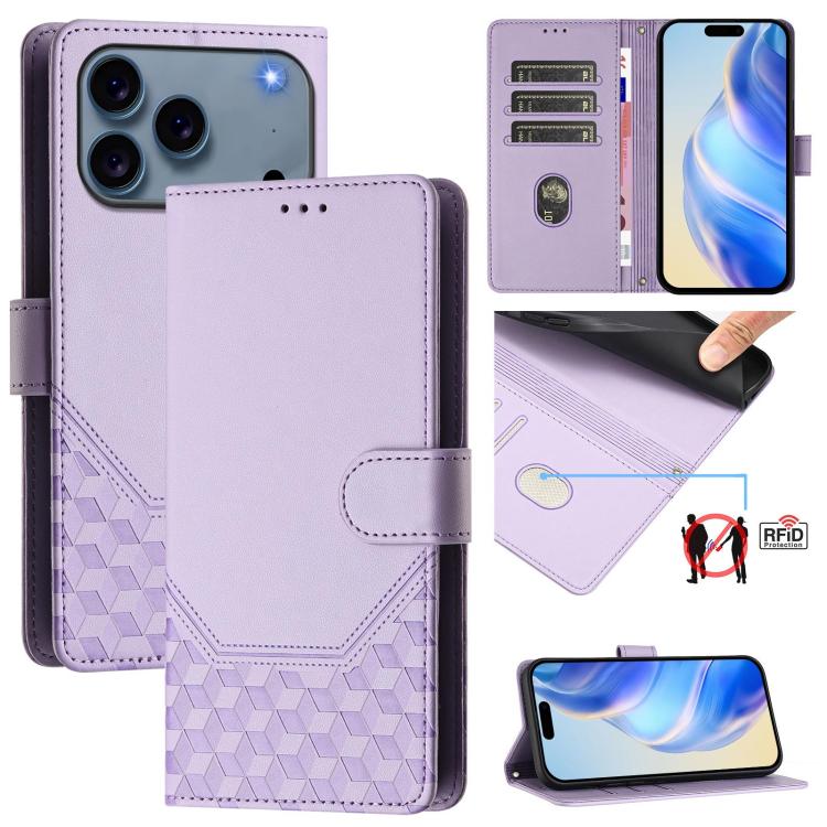 For iPhone 17 Pro Honeycomb Embossing RFID Leather Phone Case(Light Purple)