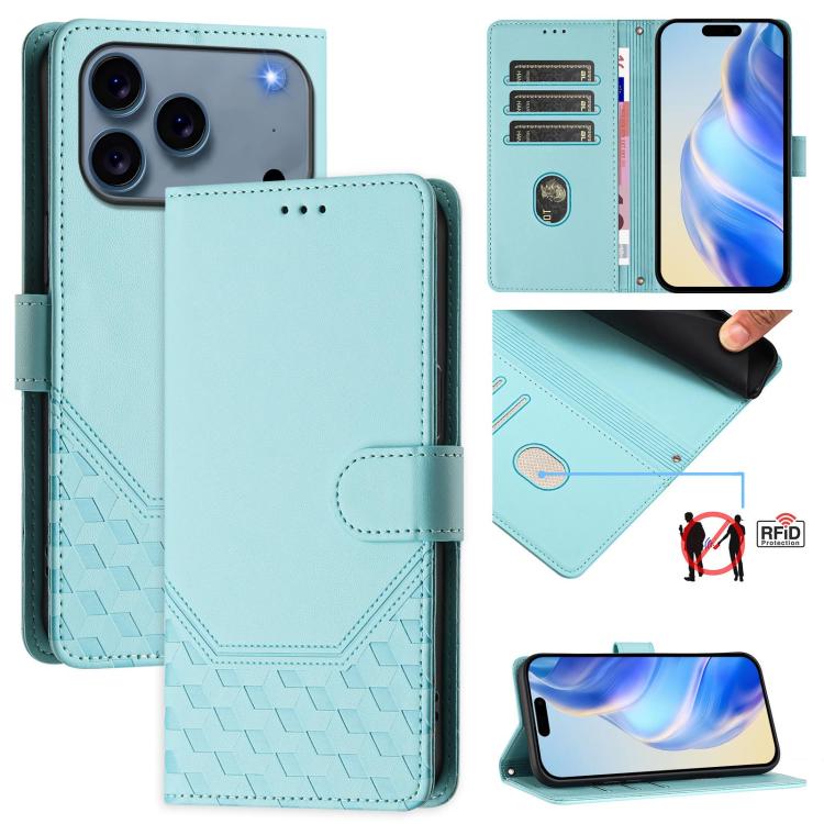 For iPhone 17 Pro Honeycomb Embossing RFID Leather Phone Case(Mint Green)