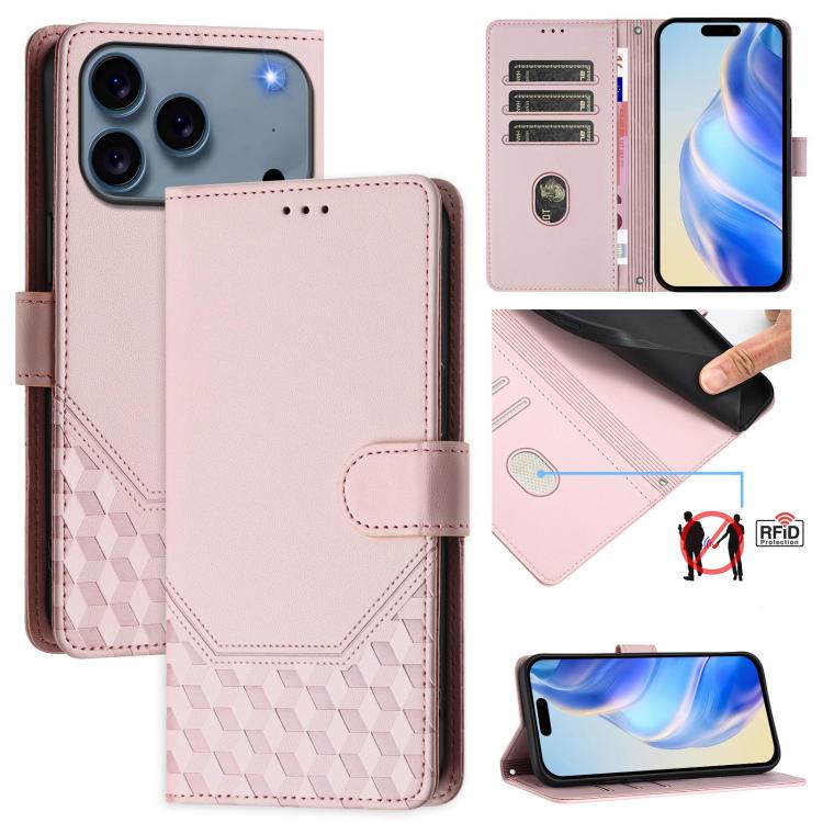 For iPhone 17 Pro Honeycomb Embossing RFID Leather Phone Case(Pink)