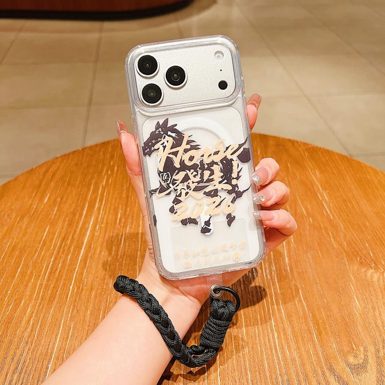 For iPhone 17 Pro Horse Year Acrylic Magnetic Full Coverage Phone Case with Lanyard(Black Good Things Happened)