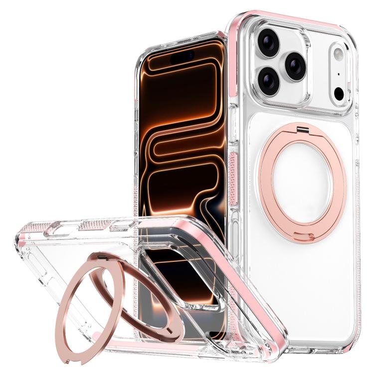 For iPhone 17 Pro Ice Armor Magnetic Rotation Holder PC Hybrid TPU Phone Case(Pink)