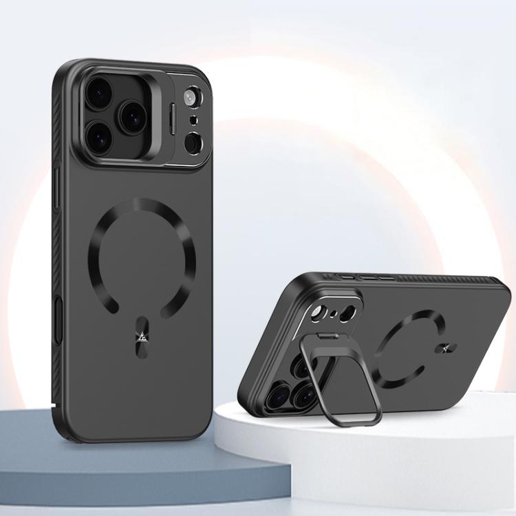 For iPhone 17 Pro Ice Crystal Solid Color U-Shaped Magnetic Invisible Lens Holder Frosted Phone Case(Black)