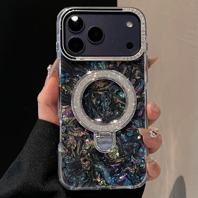 For iPhone 17 Pro Ink Rhythm Colorful Shell Pattern TPU Hybrid IMD Phone Case with Glitter Holder(Black)