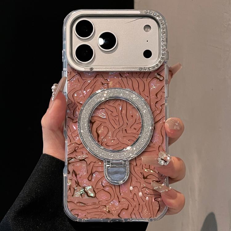For iPhone 17 Pro Ink Rhythm Colorful Shell Pattern TPU Hybrid IMD Phone Case with Glitter Holder(Brown)