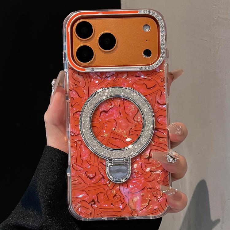 For iPhone 17 Pro Ink Rhythm Colorful Shell Pattern TPU Hybrid IMD Phone Case with Glitter Holder(Orange)