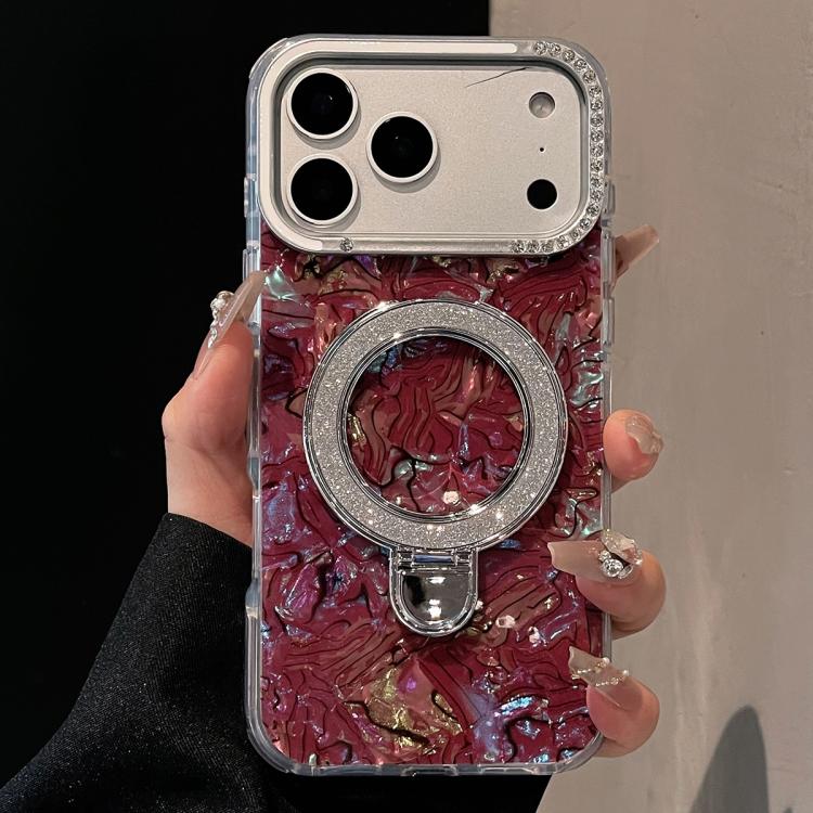 For iPhone 17 Pro Ink Rhythm Colorful Shell Pattern TPU Hybrid IMD Phone Case with Glitter Holder(Wine Red)