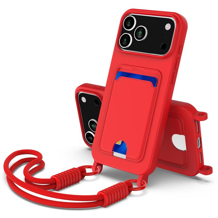 For iPhone 17 Pro Integrated Card Bag Solid Color Liquid Silicone Phone Case Gen2 with Short Lanyard(Red)