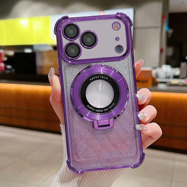 For iPhone 17 Pro Invisible Holder Gradient Glitter Magsafe Phone Case(Dark Night Purple)