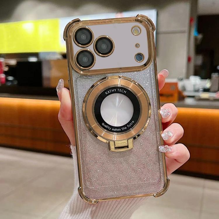For iPhone 17 Pro Invisible Holder Gradient Glitter Magsafe Phone Case(Gold)