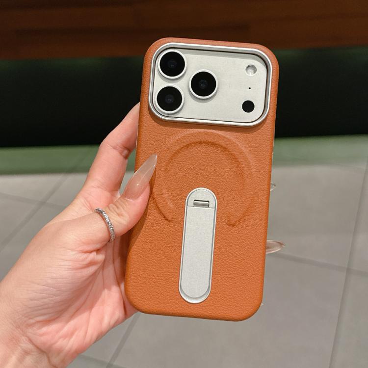 For iPhone 17 Pro Invisible Holder PC + Vegan Leather Magnetic Phone Case(Brown)