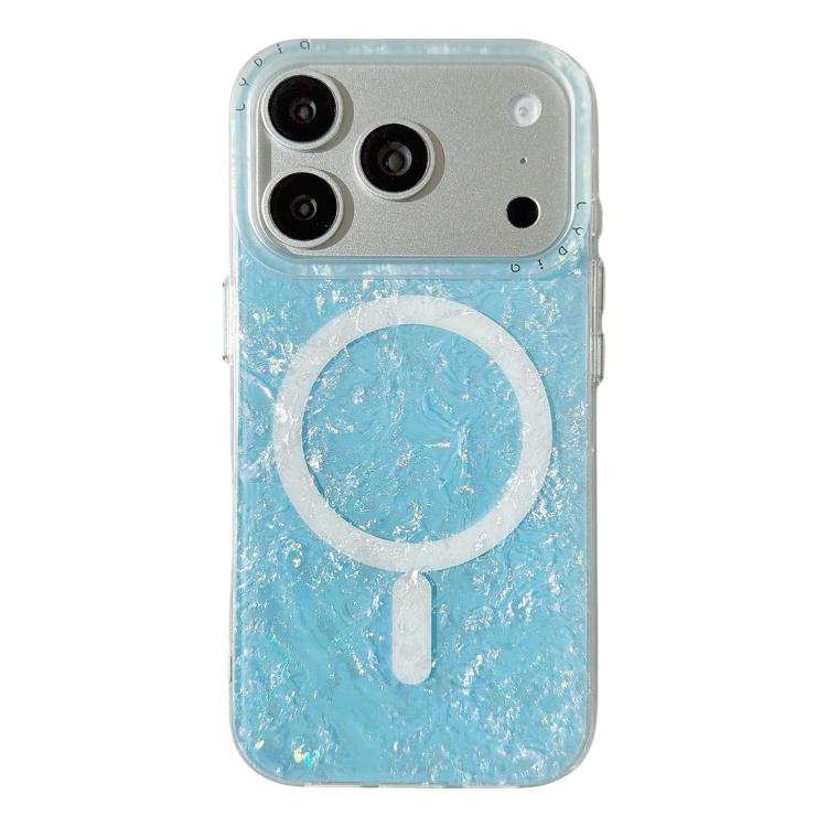 For iPhone 17 Pro Iridescent Gold Plated Shell Patterned Magnetic Phone Case(Blue)