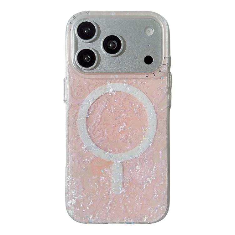 For iPhone 17 Pro Iridescent Gold Plated Shell Patterned Magnetic Phone Case(Pink)