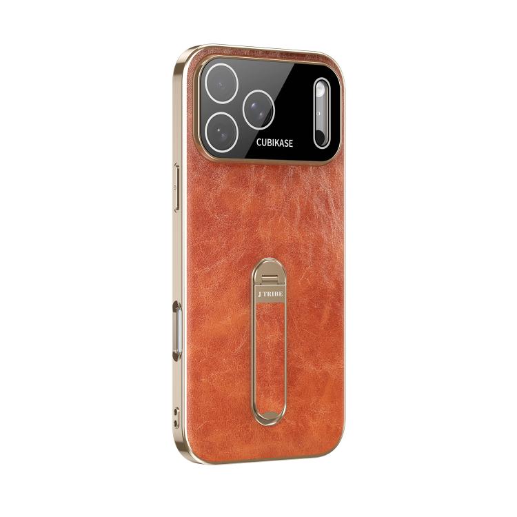 For iPhone 17 Pro J TRIBE Holder Oil Wax Texture Vegan Leather Phone Case(Brown)